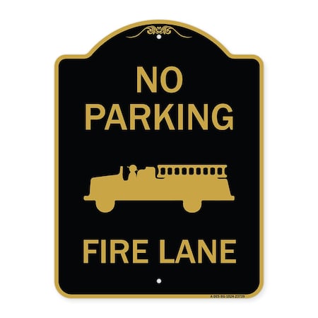 Signmission No Parking Fire Lane Fire Truck, Black & Gold Aluminum Architectural Sign, 18" x 24", BG-1824-23739 A-DES-BG-1824-23739
